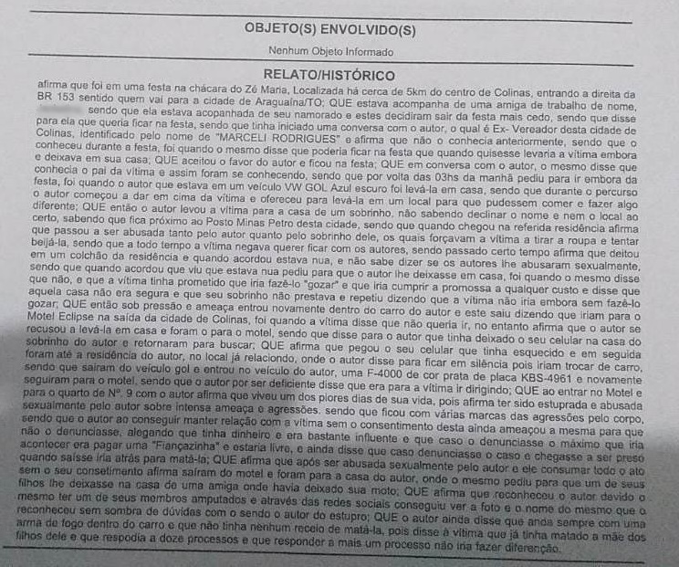 Boletim de Ocorr&ecirc;ncia registrado pela suposta v&iacute;tima na Pol&iacute;cia Civil em Colinas do Tocantins - Foto: Reprodu&ccedil;&atilde;o / Ag&ecirc;ncia Tocantins 