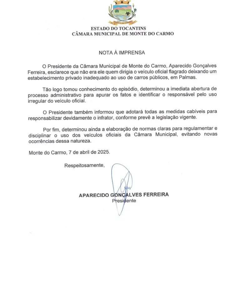 Nota do Presidente da C&acirc;mara Municipal de Monte do Carmo &ndash; Foto: Reprodu&ccedil;&atilde;o