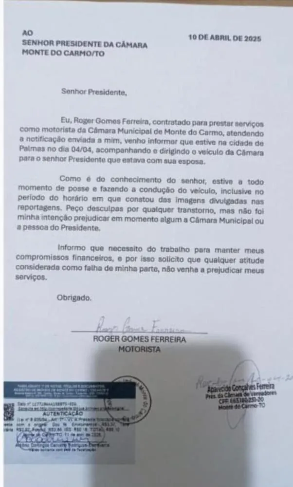 Documento redigido e assinado pelo motorista Roger Gomes Ferreira &ndash; Foto: Reprodu&ccedil;&atilde;o
