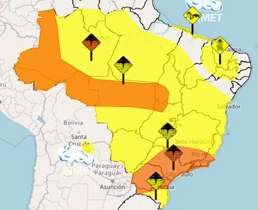 Alertas de n&iacute;veis laranja e amarelo representa um perigo potencial de temporais &mdash; Foto: INMET/ Reprodu&ccedil;&atilde;o