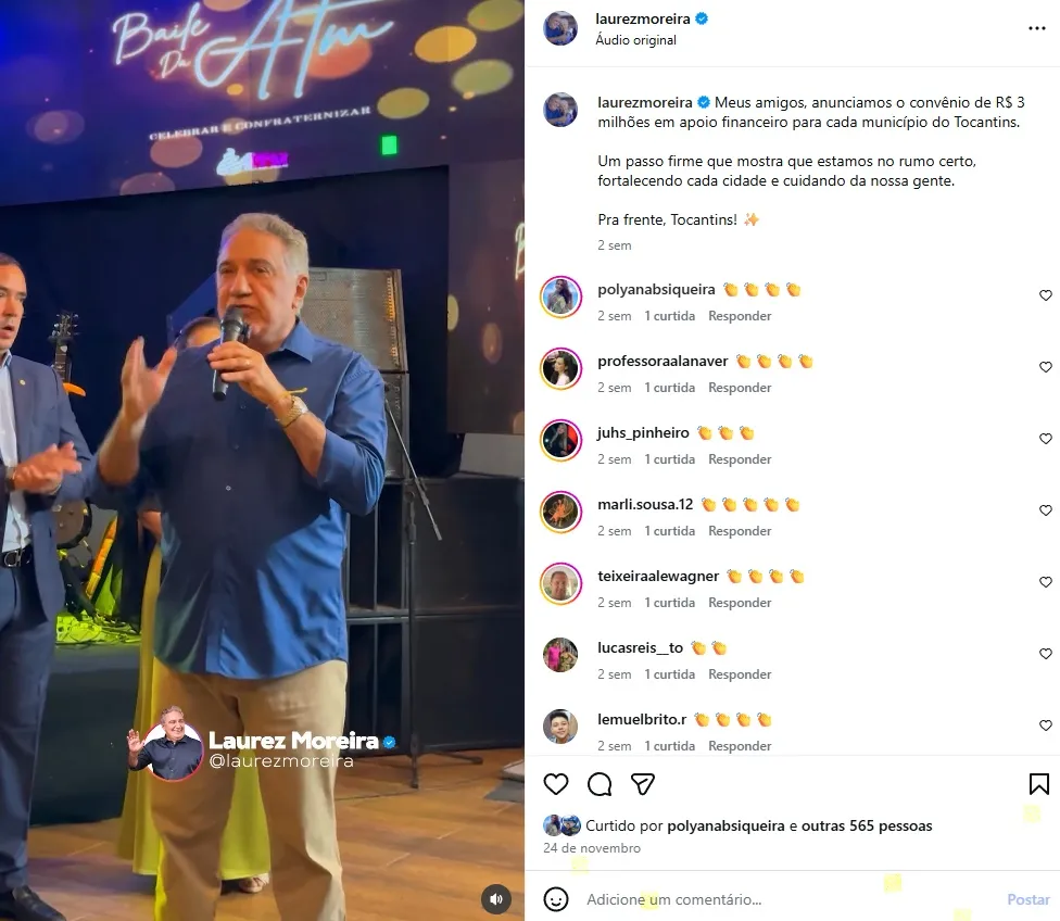 Anúncio do projeto durante o baile dos prefeitos na ATM, em Palmas — Foto: Divulgação / Perfil do vice-governador no Instagram