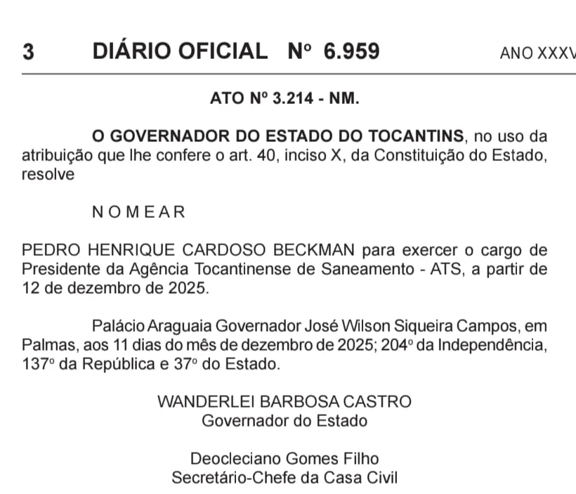 Nomeação Pedro Cardoso (Presidente da ATS) – Diário Oficial – Foto: Divulgação