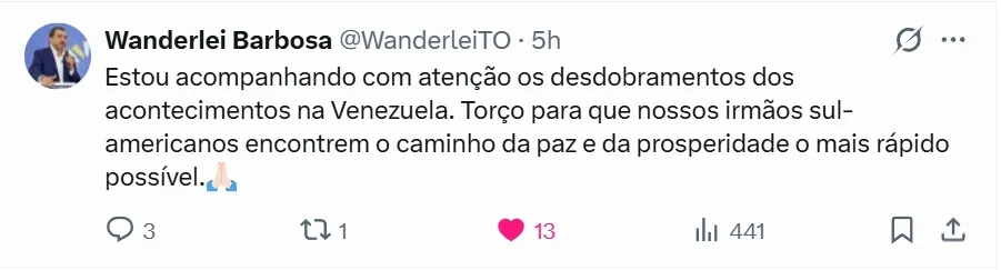 Postagem do governador Wanderlei Barbosa na rede social &lsquo;X&rsquo; &ndash; Foto: Reprodu&ccedil;&atilde;o / Ag&ecirc;ncia Tocantins