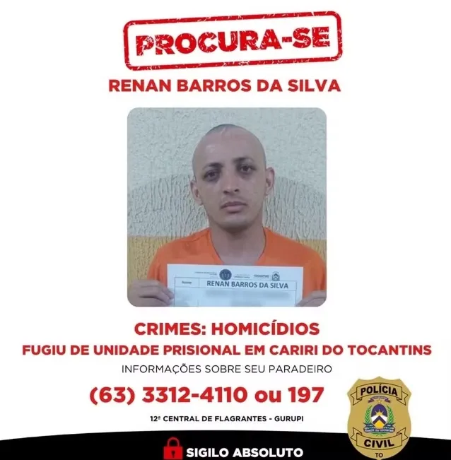 Condenado a 72 anos por três homicídios, Renan Barros da Silva escapou da Unidade de Tratamento Penal de Cariri junto com outro detento considerado de alta periculosidade, mobilizando forças de segurança em todo o estado. - Foto: SSP TO