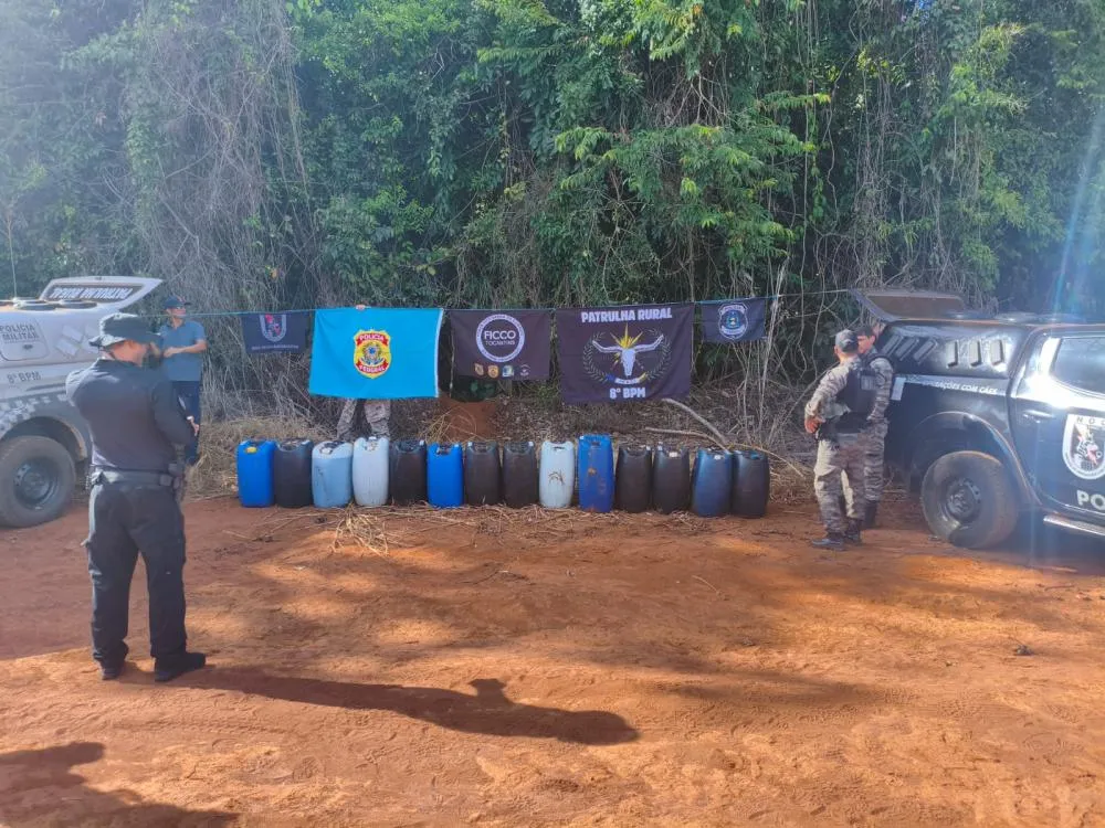 Policiais encontraram combustível de aviação escondido em área de mata — Foto: Difulgação/PF-TO