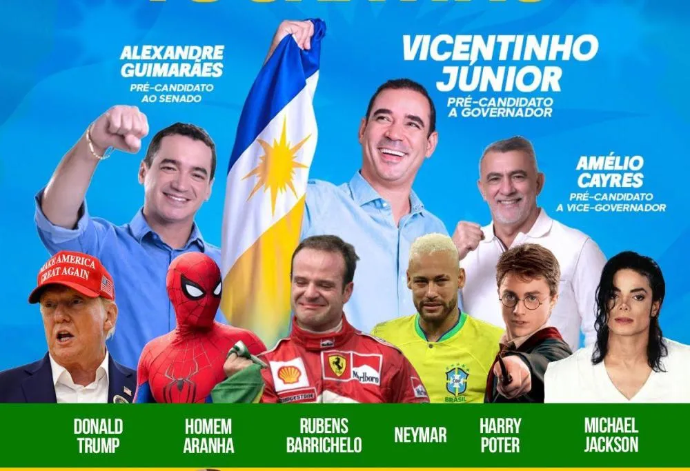 Legenda: Meme circula nas redes sociais com personagens da ficção e da realidade, vivas ou mortas, no lugar das lideranças que iriam ao evento de Vicentinho, mas não compareceram