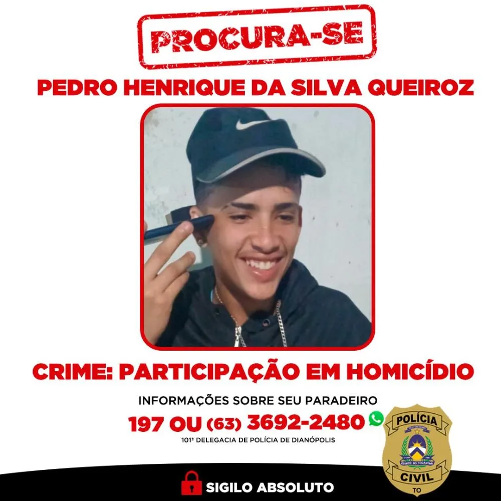 Informações sobre o paradeiro do investigado podem ser repassadas à 101ª DP de Dianópolis, pelo telefone (63) 3692-2480; o anonimato é garantido - Foto: Divulgação SSP/TO