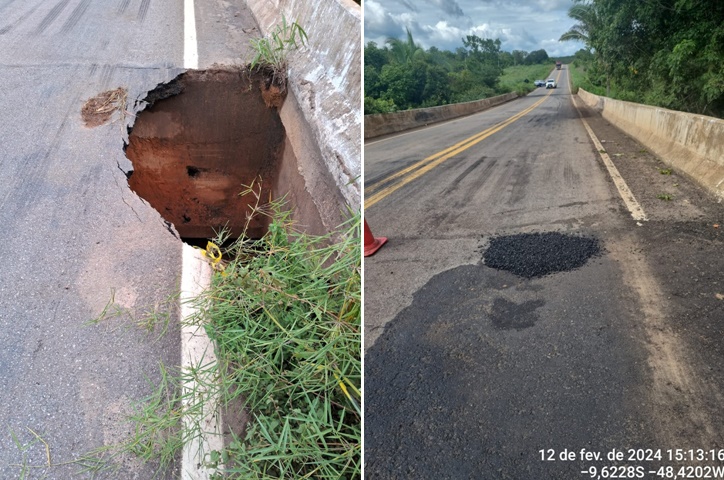 Ageto faz obras em buraco que abriu pela segunda vez na TO-445 — Foto: Divulgação/Ageto